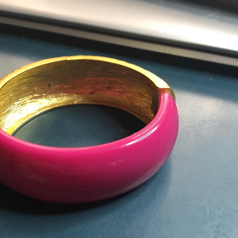 Vibrant Pink Enamel Cuff Bracelet with Gold Interior